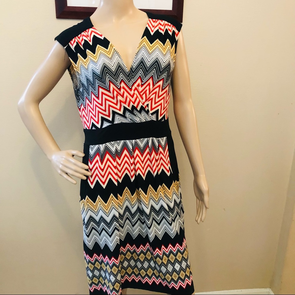 London Times Petites Chevron Print Surplice Knit Dress with Pockets - Size 12P